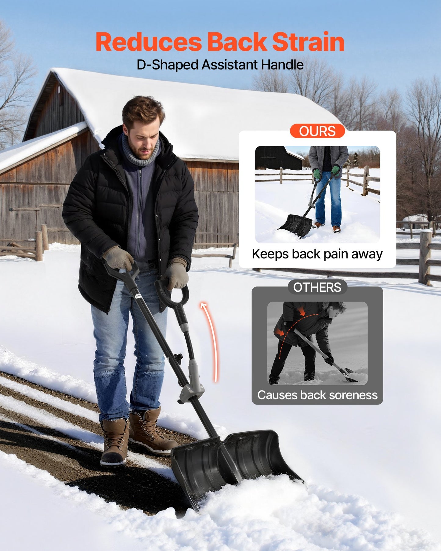 Snow Shovel for Driveway, 18 in Wide Plastic Snow Shovel with Assist D-shaped Handles, Non Slip Grip, Large Capacity Snowplow Shovels, Lightweight Snows Removal Tool for Garden Car Camping