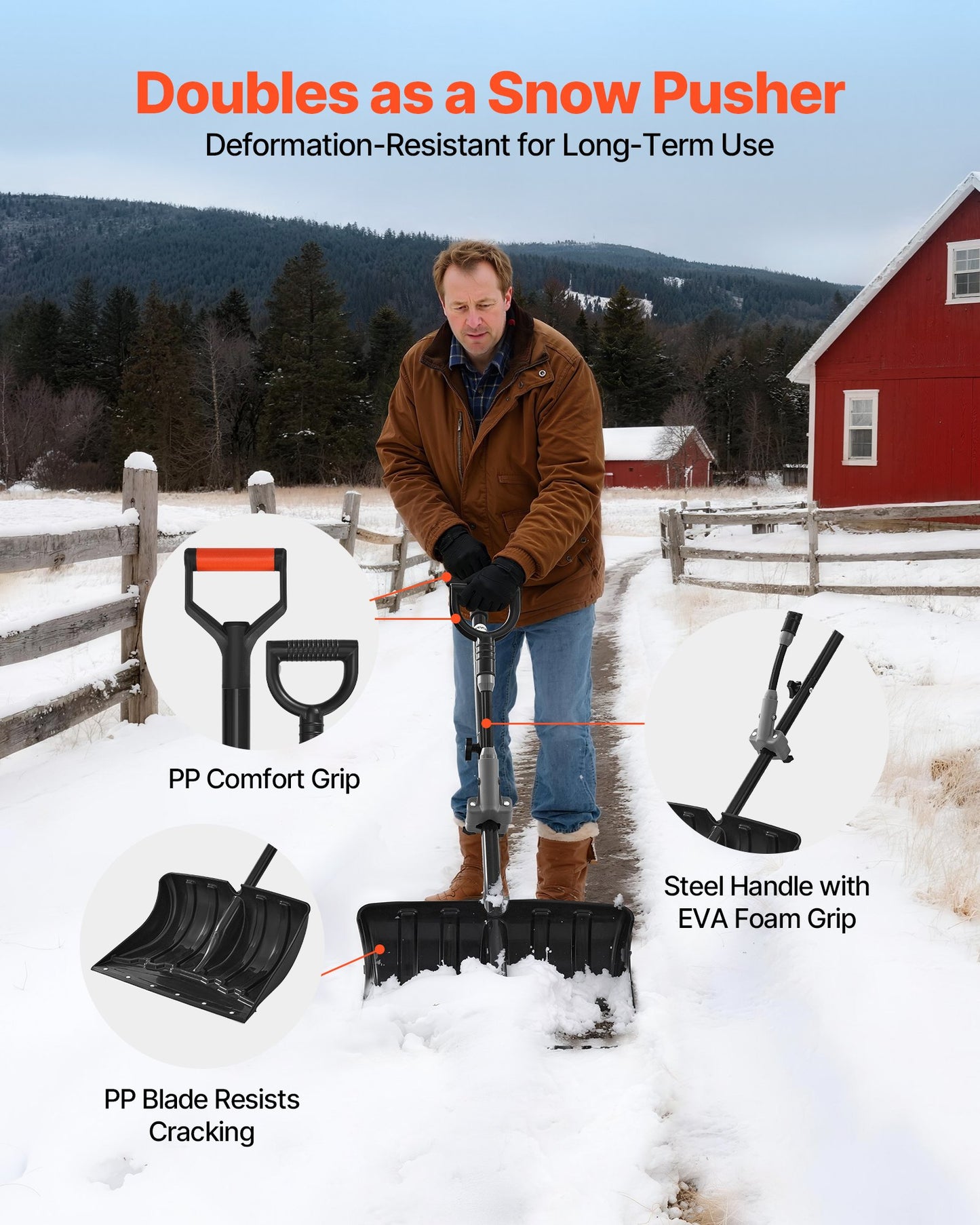 Snow Shovel for Driveway, 18 in Wide Plastic Snow Shovel with Assist D-shaped Handles, Non Slip Grip, Large Capacity Snowplow Shovels, Lightweight Snows Removal Tool for Garden Car Camping
