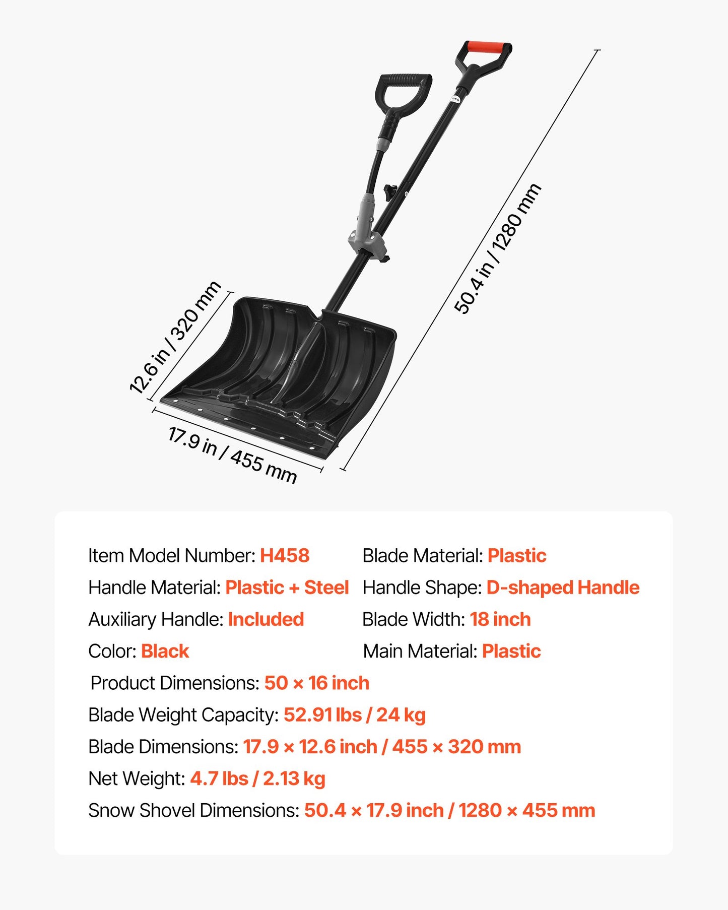 Snow Shovel for Driveway, 18 in Wide Plastic Snow Shovel with Assist D-shaped Handles, Non Slip Grip, Large Capacity Snowplow Shovels, Lightweight Snows Removal Tool for Garden Car Camping