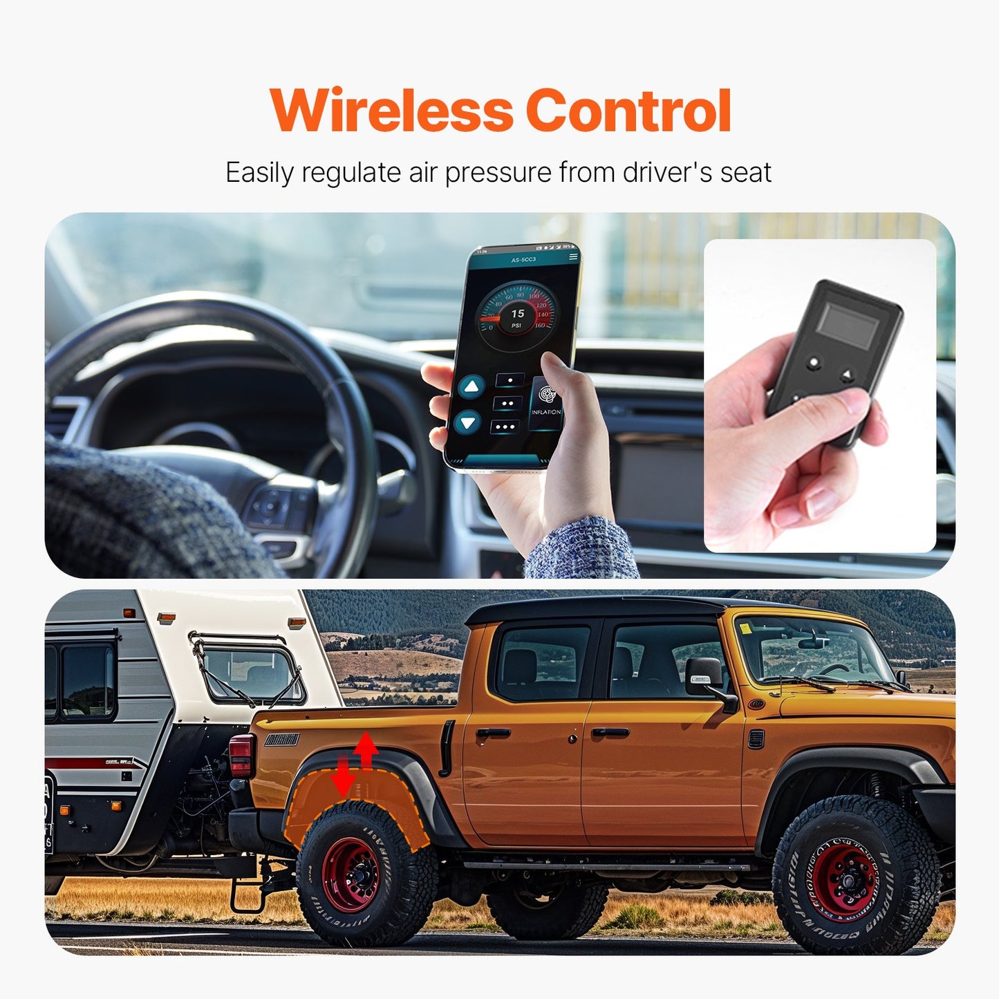 Air Shock Controller Kit, 12V 100PSI Wireless On Board Air Compressor System, App or Remote Control Air Ride Suspension Compressor Kit with Single Path System, Inflator & Air Line for Truck Van