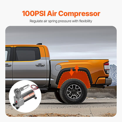Air Shock Controller Kit, 12V 100PSI On Board Air Compressor System, Air Ride Suspension Compressor Kit with Single Path System, Pressure Gauge & Air Line for Trucks Vans