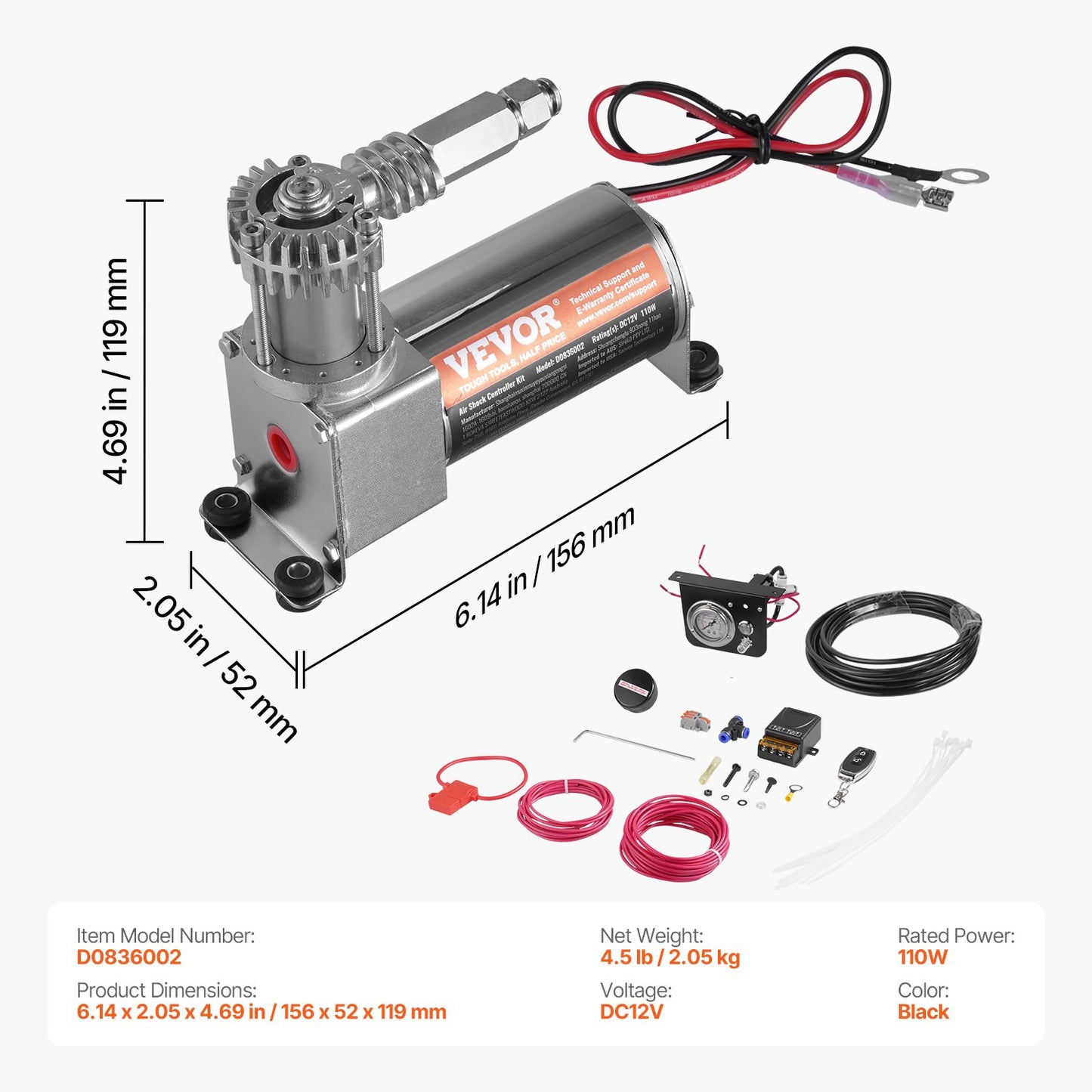 Air Shock Controller Kit, 12V 100PSI On Board Air Compressor System, Air Ride Suspension Compressor Kit with Single Path System, Pressure Gauge & Air Line for Trucks Vans