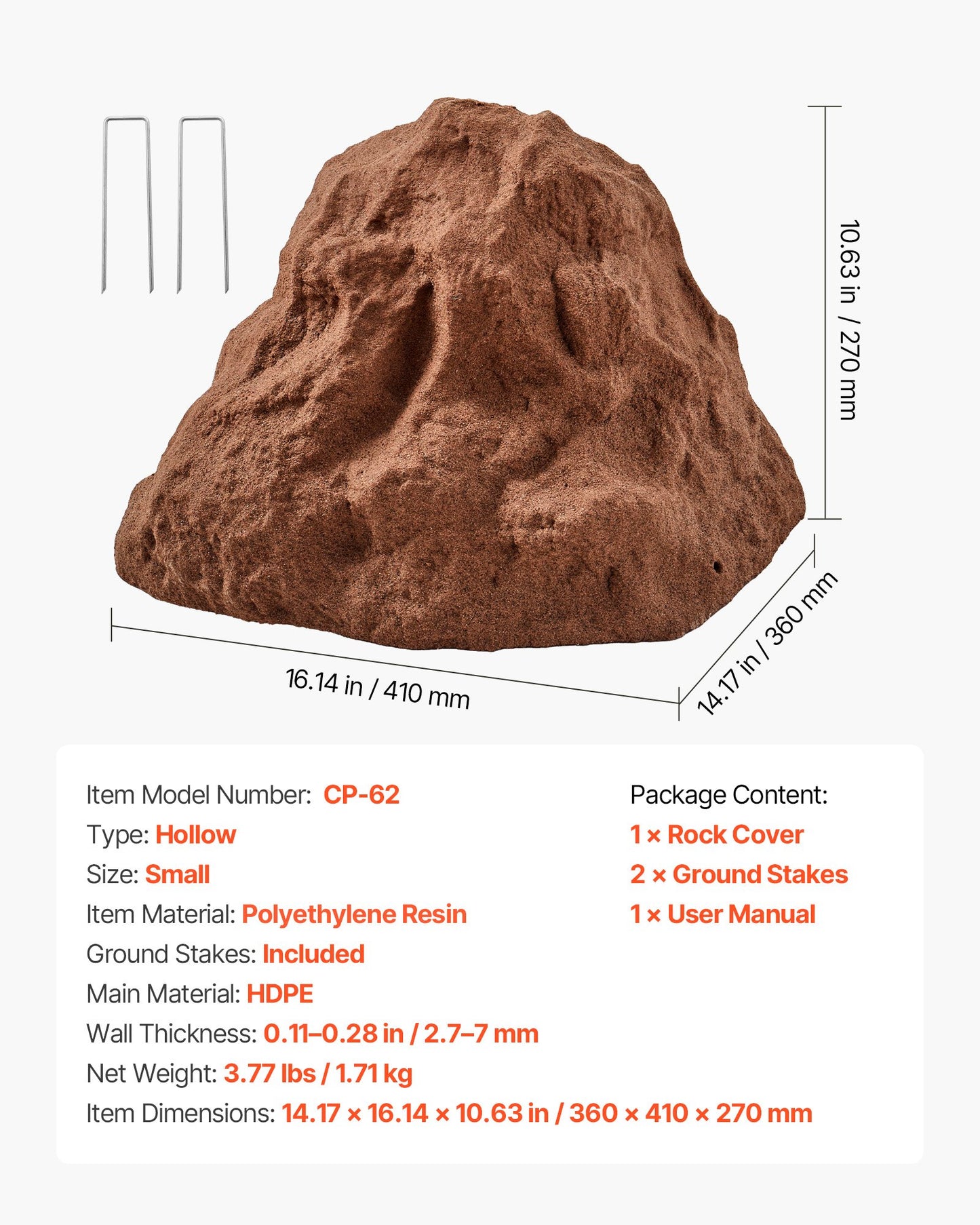 Faux Rock Cover, Outdoor Fake Rock Well Pump Cover, Realistic Natural Texture, Lightweight & Weather-Resistant Polyresin Artificial Boulder for Landscaping Garden Yard Décor, Brown, Small Size