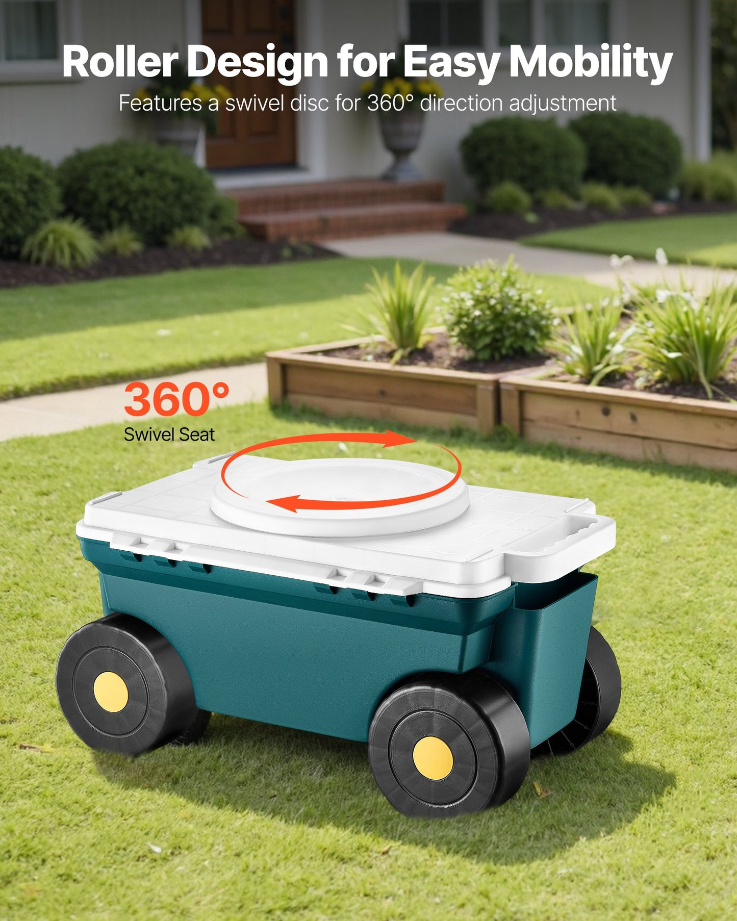 Garden Scooter with Seat, 2 in 1 Rolling Garden Cart with Storage Bin, Supports up to 227 lbs, Outdoor Wagon with Handle, Lightweight Storage Gardening Stool for Yard Weeding Planting