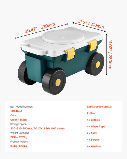 Garden Scooter with Seat, 2 in 1 Rolling Garden Cart with Storage Bin, Supports up to 227 lbs, Outdoor Wagon with Handle, Lightweight Storage Gardening Stool for Yard Weeding Planting
