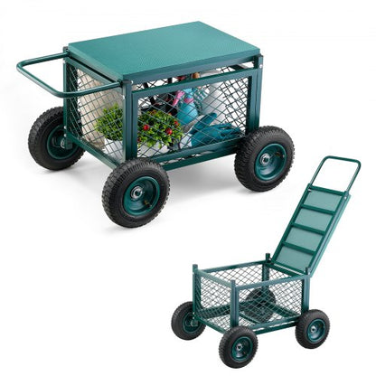 Rolling Garden Cart with Seat, Metal Rolling Garden Work Seat with Wheels, Supports up to 400 LBS, Heavy Duty Gardening Cart Scooter, Outdoor Wagon & Stool on Wheels for Lawn, Patio, Backyard