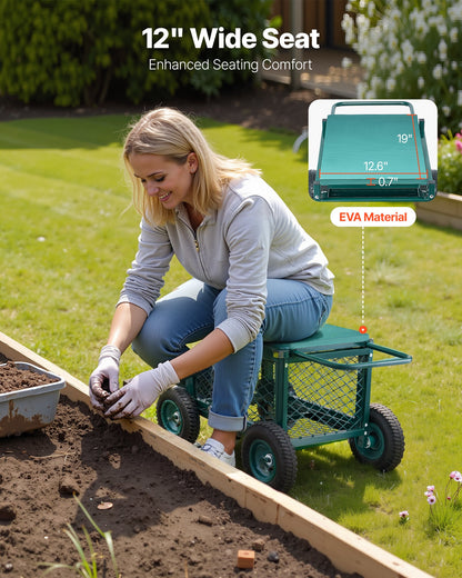 Rolling Garden Cart with Seat, Metal Rolling Garden Work Seat with Wheels, Supports up to 400 LBS, Heavy Duty Gardening Cart Scooter, Outdoor Wagon & Stool on Wheels for Lawn, Patio, Backyard