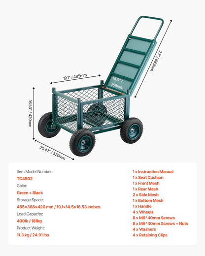Rolling Garden Cart with Seat, Metal Rolling Garden Work Seat with Wheels, Supports up to 400 LBS, Heavy Duty Gardening Cart Scooter, Outdoor Wagon & Stool on Wheels for Lawn, Patio, Backyard
