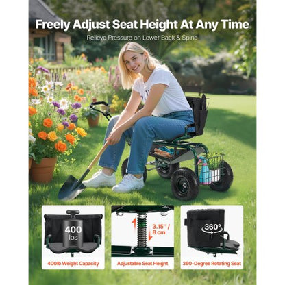 Rolling garden cart with swivel seat, wheels, extendable handle, storage box