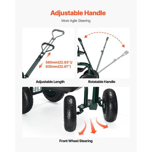 Rolling garden cart with swivel seat, wheels, extendable handle, storage box