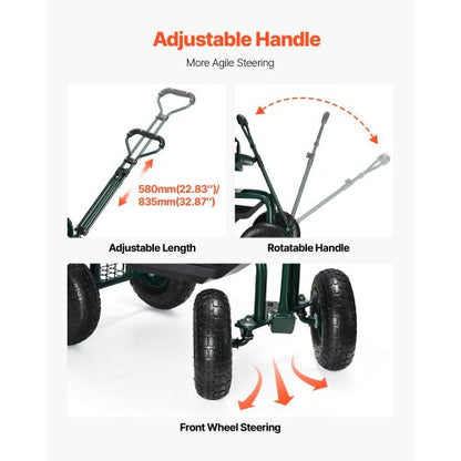 Rolling garden cart with swivel seat, wheels, extendable handle, storage box