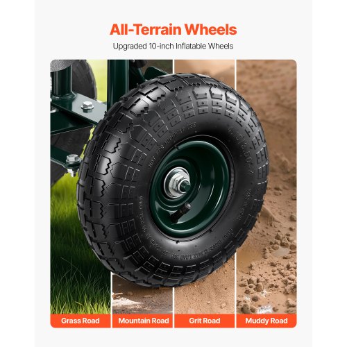 Rolling garden cart with swivel seat, wheels, extendable handle, storage box