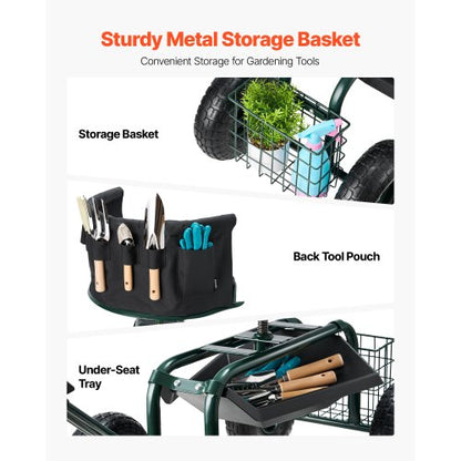 Rolling garden cart with swivel seat, wheels, extendable handle, storage box