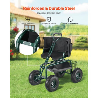 Rolling garden cart with swivel seat, wheels, extendable handle, storage box
