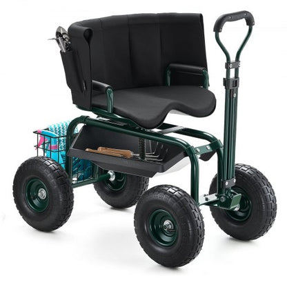 Rolling garden cart with swivel seat, wheels, extendable handle, storage box