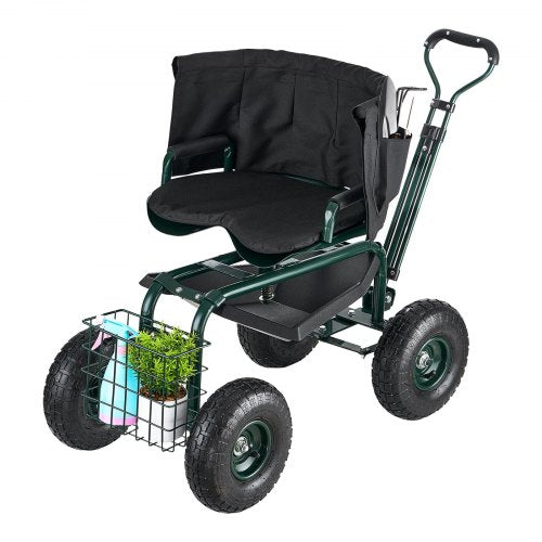 Rolling garden cart with swivel seat, wheels, extendable handle, storage box