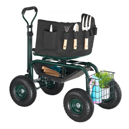 Rolling garden cart with swivel seat, wheels, extendable handle, storage box