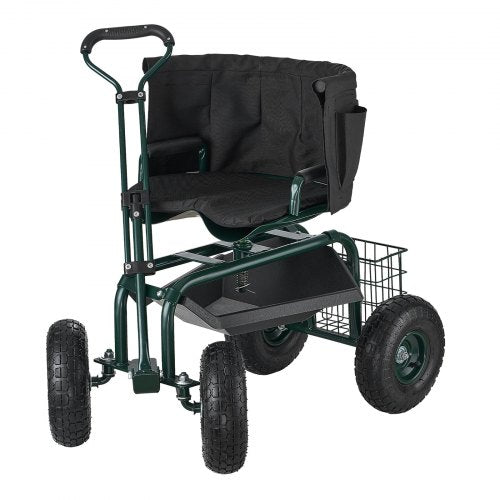 Rolling garden cart with swivel seat, wheels, extendable handle, storage box