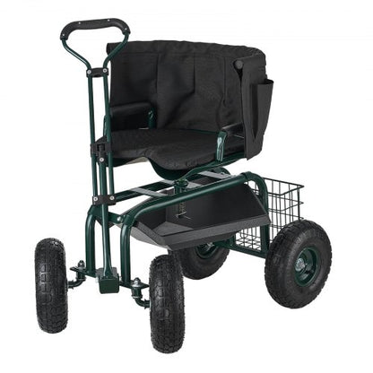 Rolling garden cart with swivel seat, wheels, extendable handle, storage box