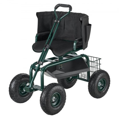 Rolling garden cart with swivel seat, wheels, extendable handle, storage box