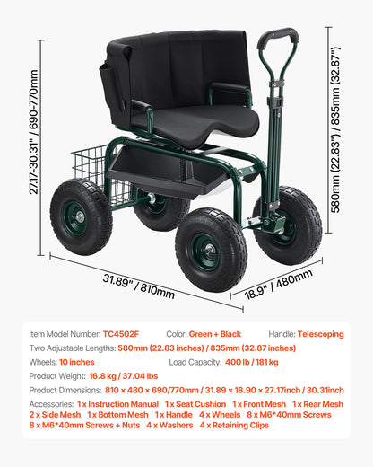 Garden Seat with Wheels, Rolling Garden Stool with Height Adjustable & 360° Swivel Seat, 400lbs Weight Capacity, Gardening Cart Bench, Ergonomic Backrest & Tool Storage, for Garden, Yard, Patio