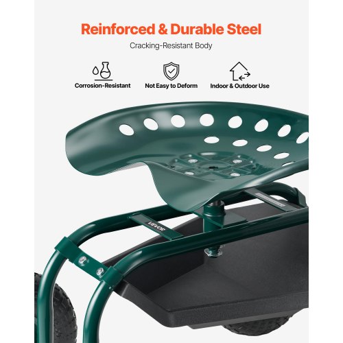 Rullande trädgårdsvagn med vridbart säte och terränghjul, verktygslåda 136 kg