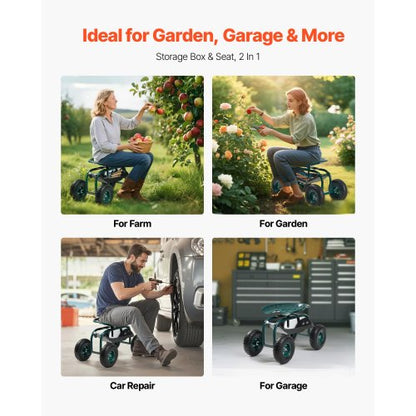 Rullande trädgårdsvagn med vridbart säte och terränghjul, verktygslåda 136 kg