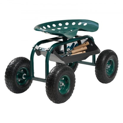 Rullande trädgårdsvagn med vridbart säte och terränghjul, verktygslåda 136 kg