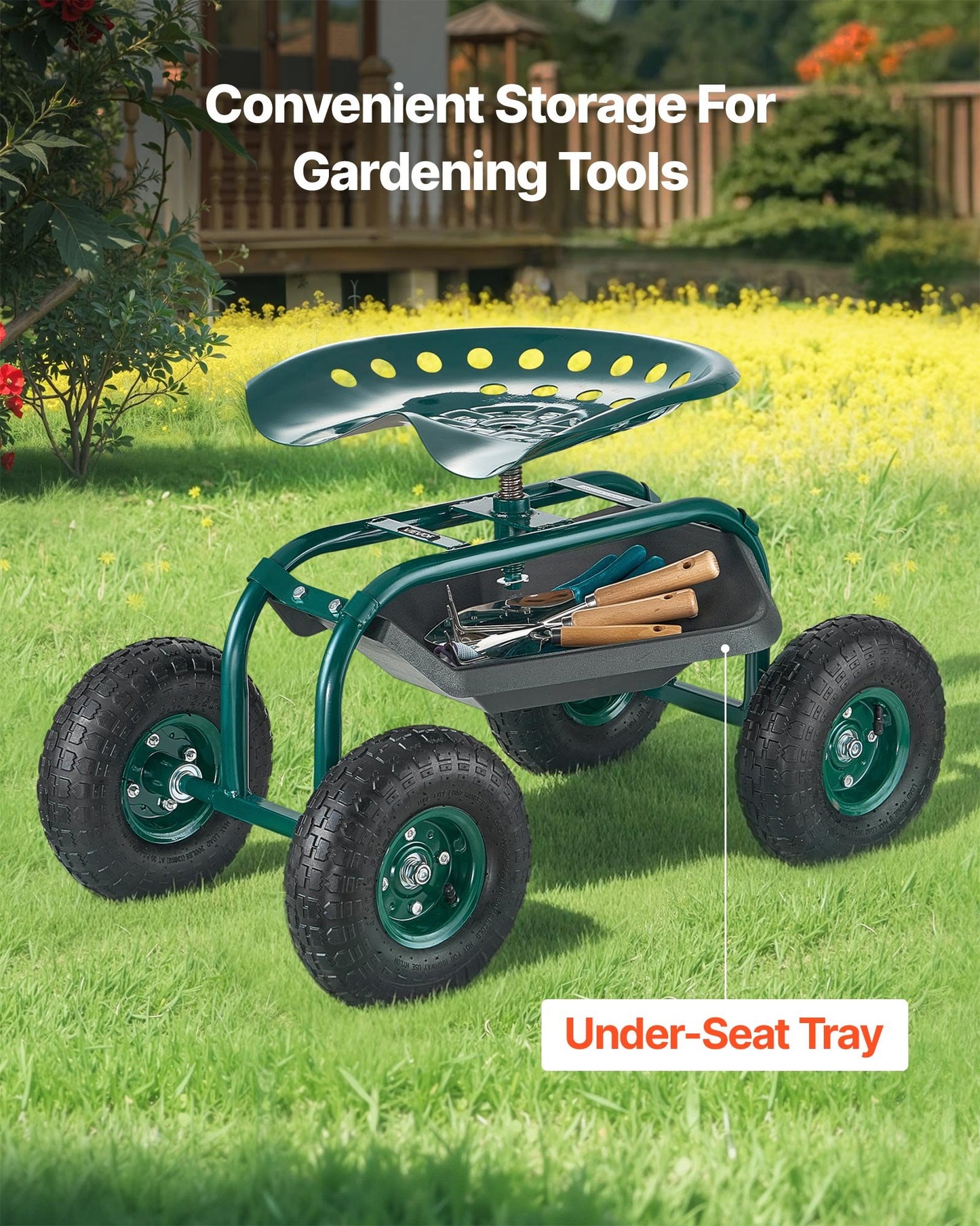 Rolling Garden Cart with Swivel Seat, Heavy Duty Garden Seat with Storage Basket & Tool Tray, 300 lbs Weight Capacity, Outdoor Utility Gardening Stool Scooter for Lawn Yard Planting Weeding