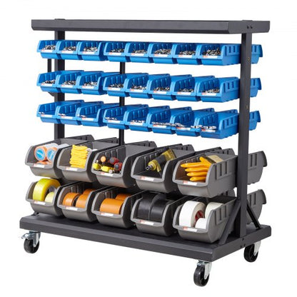 5-Tier Double-Sided Rolling Bin Storage Rack, 68 Organizer Bins, Dual-Sided Parts Organizer with Wheels, Mobile Tool Organizer Plastic Bins for Garage, Warehouse, Office, Restaurant, Classroom