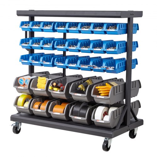 5-Tier Double-Sided Rolling Bin Storage Rack, 68 Organizer Bins, Dual-Sided Parts Organizer with Wheels, Mobile Tool Organizer Plastic Bins for Garage, Warehouse, Office, Restaurant, Classroom