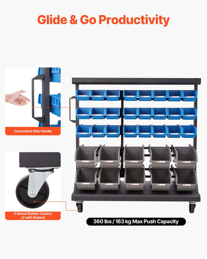 5-Tier Double-Sided Rolling Bin Storage Rack, 68 Organizer Bins, Dual-Sided Parts Organizer with Wheels, Mobile Tool Organizer Plastic Bins for Garage, Warehouse, Office, Restaurant, Classroom