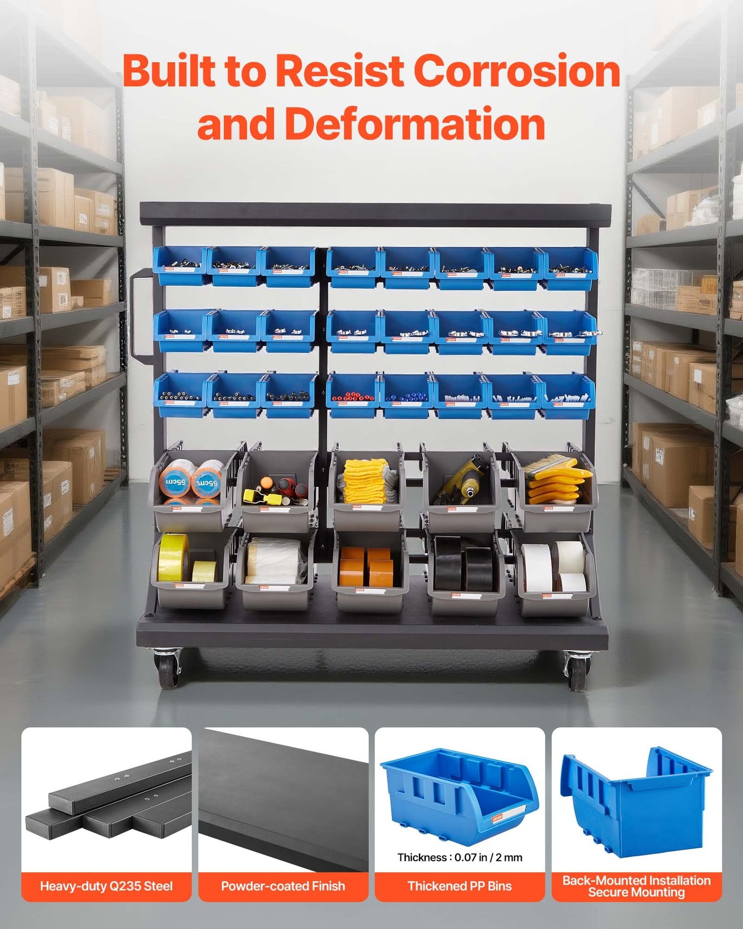 5-Tier Double-Sided Rolling Bin Storage Rack, 68 Organizer Bins, Dual-Sided Parts Organizer with Wheels, Mobile Tool Organizer Plastic Bins for Garage, Warehouse, Office, Restaurant, Classroom