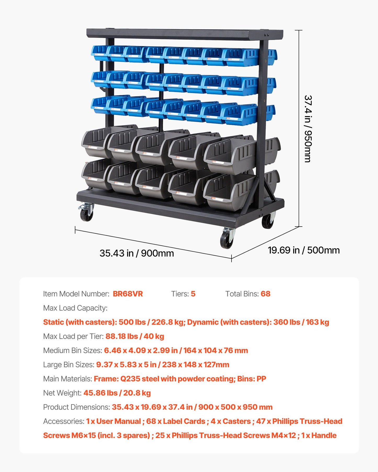 5-Tier Double-Sided Rolling Bin Storage Rack, 68 Organizer Bins, Dual-Sided Parts Organizer with Wheels, Mobile Tool Organizer Plastic Bins for Garage, Warehouse, Office, Restaurant, Classroom