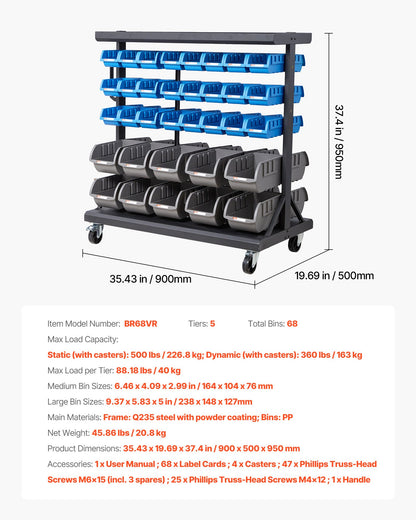 5-Tier Double-Sided Rolling Bin Storage Rack, 68 Organizer Bins, Dual-Sided Parts Organizer with Wheels, Mobile Tool Organizer Plastic Bins for Garage, Warehouse, Office, Restaurant, Classroom