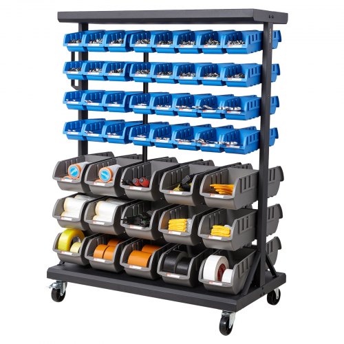 7-Tier Double-Sided Rolling Bin Storage Rack, 94 Plastic Bins, Dual-Sided Parts Organizer with Wheels, Mobile Tool Organizer for Garage, Warehouse, Office, Restaurant, Classroom, Kitchen