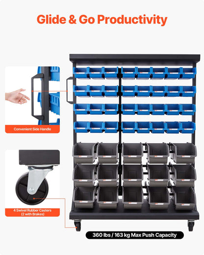 7-Tier Double-Sided Rolling Bin Storage Rack, 94 Plastic Bins, Dual-Sided Parts Organizer with Wheels, Mobile Tool Organizer for Garage, Warehouse, Office, Restaurant, Classroom, Kitchen
