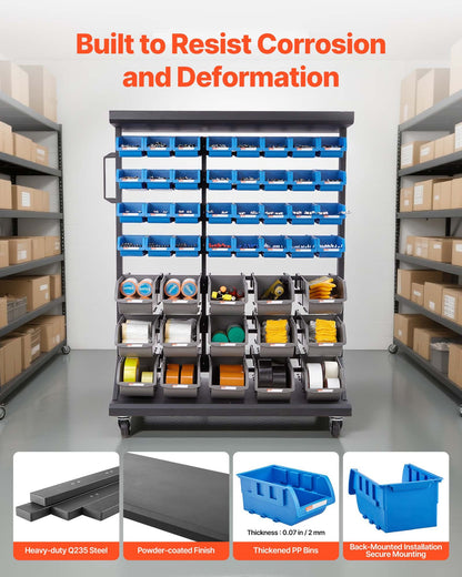 7-Tier Double-Sided Rolling Bin Storage Rack, 94 Plastic Bins, Dual-Sided Parts Organizer with Wheels, Mobile Tool Organizer for Garage, Warehouse, Office, Restaurant, Classroom, Kitchen