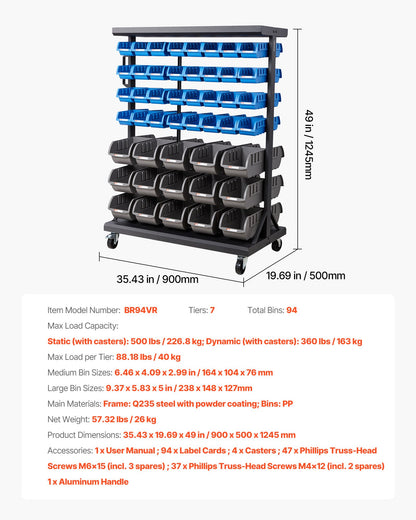 7-Tier Double-Sided Rolling Bin Storage Rack, 94 Plastic Bins, Dual-Sided Parts Organizer with Wheels, Mobile Tool Organizer for Garage, Warehouse, Office, Restaurant, Classroom, Kitchen