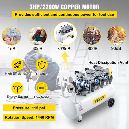 Luftkompressor, 80 l, ultraleiser, ölfreier Luftkompressortank, leiser Luftkompressor, 2,2 kW, ölfreier Kompressor, geräuscharm mit sicherem Magnetventil