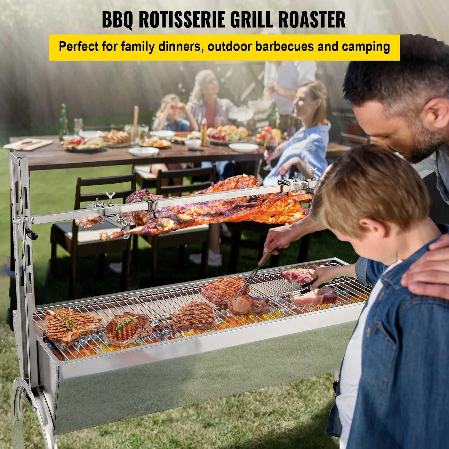 Rotisserie Grill, 132 lbs kapacitet, rostfritt stål Gris Lamm Spit Grill Stek, Steklåda med 40W motor & justerbar höjd & låsbara hjul för utomhuscamping fest lägereld grill