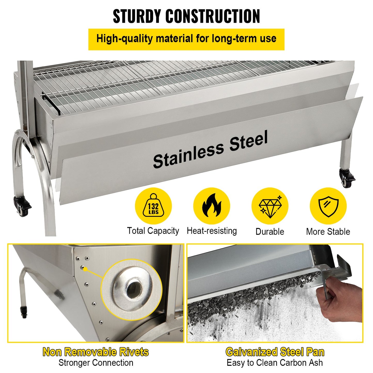 Rotisserie Grill, 132 lbs kapacitet, rostfritt stål Gris Lamm Spit Grill Stek, Steklåda med 40W motor & justerbar höjd & låsbara hjul för utomhuscamping fest lägereld grill
