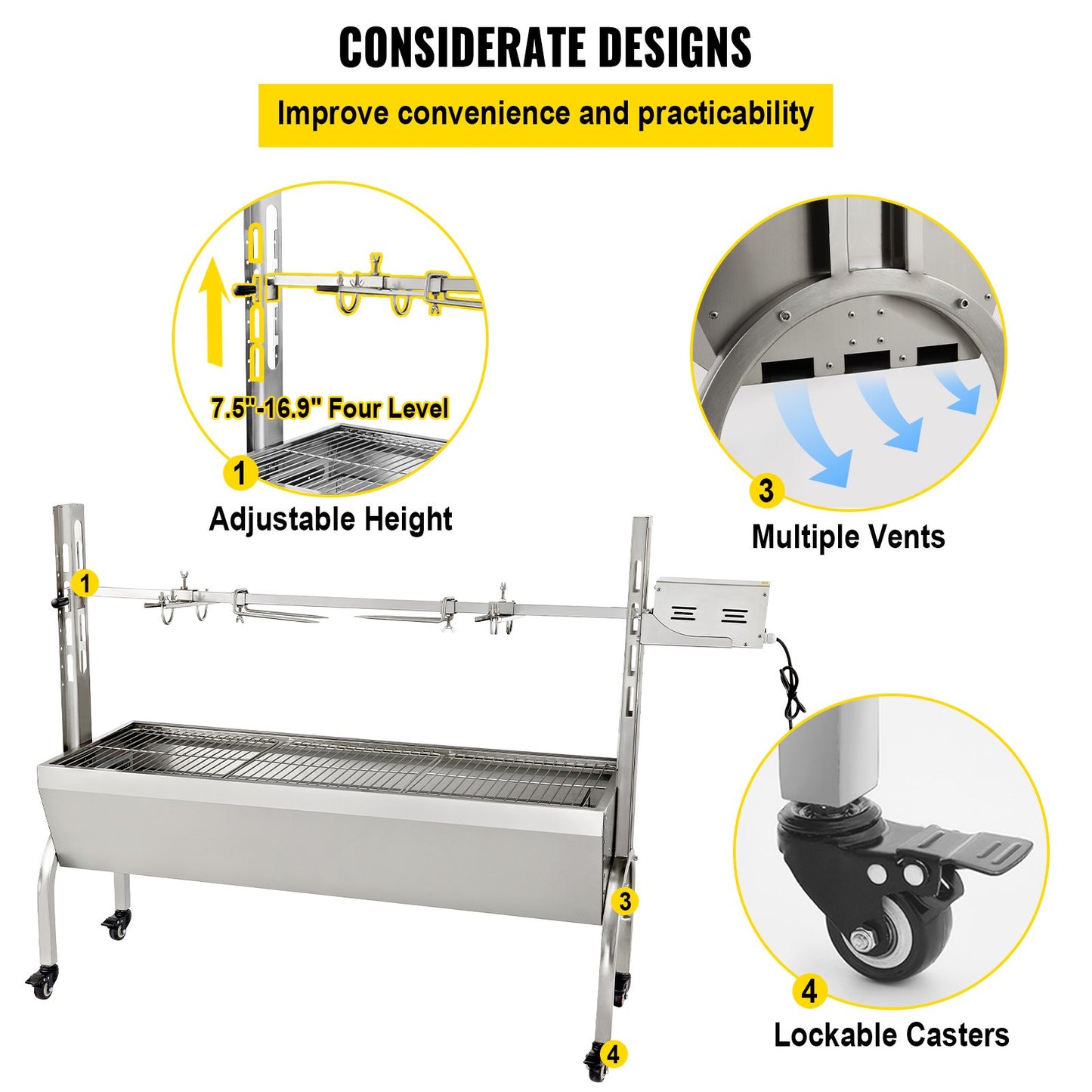 Rotisserie Grill, 132 lbs kapacitet, rostfritt stål Gris Lamm Spit Grill Stek, Steklåda med 40W motor & justerbar höjd & låsbara hjul för utomhuscamping fest lägereld grill
