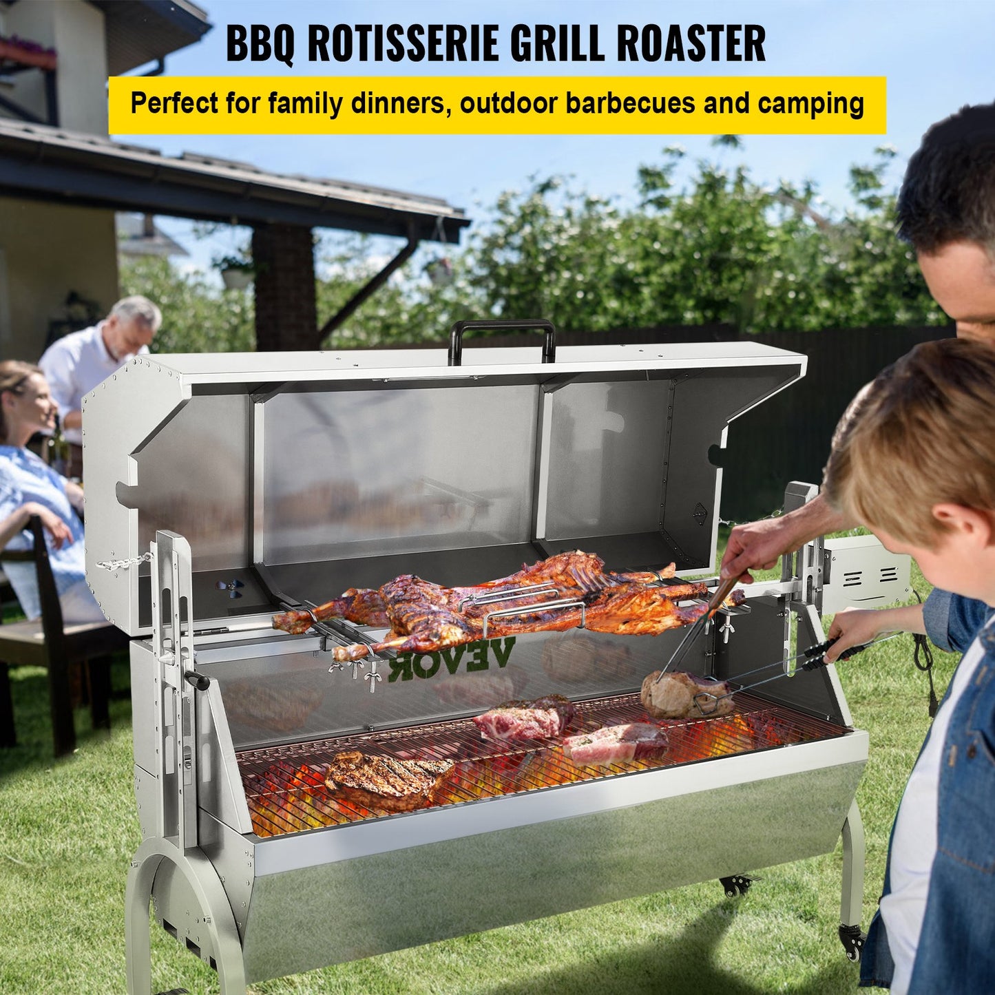 Lamm-Drehspieß, 132 Pfund Kapazität, Schweinefleisch-Spießgrill aus Edelstahl, mit 40-W-Motor und höhenverstellbaren, feststellbaren Rädern und Prallschutz für den Grill für Campingpartys im Freien und Lagerfeuer