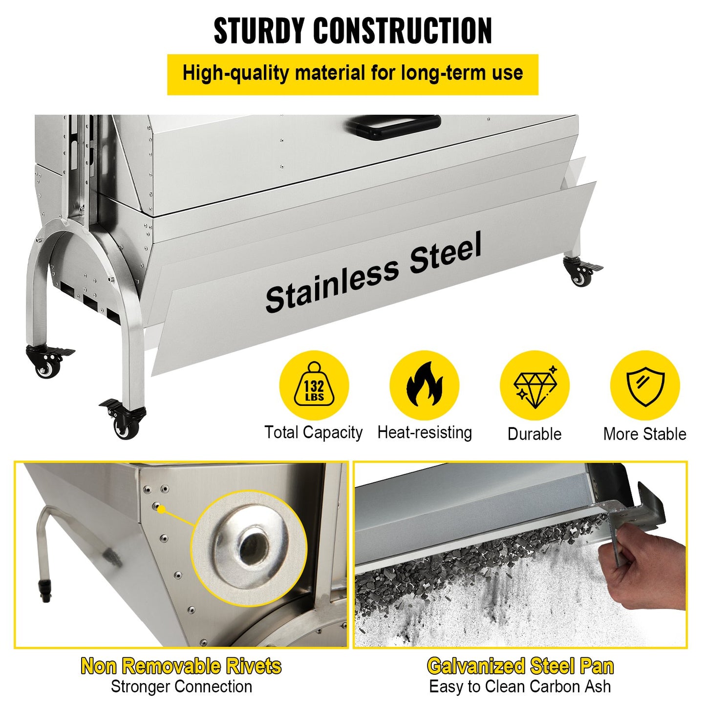 Lamm-Drehspieß, 132 Pfund Kapazität, Schweinefleisch-Spießgrill aus Edelstahl, mit 40-W-Motor und höhenverstellbaren, feststellbaren Rädern und Prallschutz für den Grill für Campingpartys im Freien und Lagerfeuer