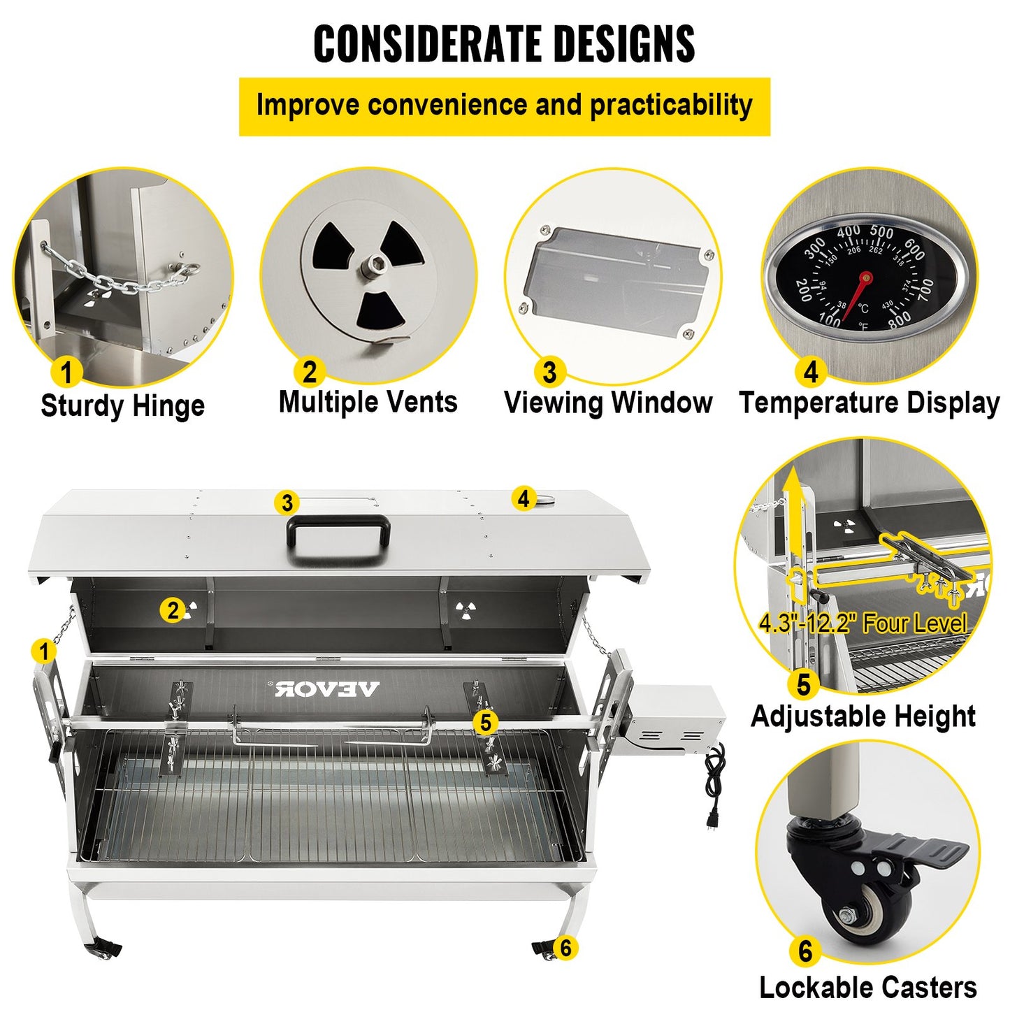 Lamm-Drehspieß, 132 Pfund Kapazität, Schweinefleisch-Spießgrill aus Edelstahl, mit 40-W-Motor und höhenverstellbaren, feststellbaren Rädern und Prallschutz für den Grill für Campingpartys im Freien und Lagerfeuer