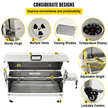 Lamm-Drehspieß, 132 Pfund Kapazität, Schweinefleisch-Spießgrill aus Edelstahl, mit 40-W-Motor und höhenverstellbaren, feststellbaren Rädern und Prallschutz für den Grill für Campingpartys im Freien und Lagerfeuer