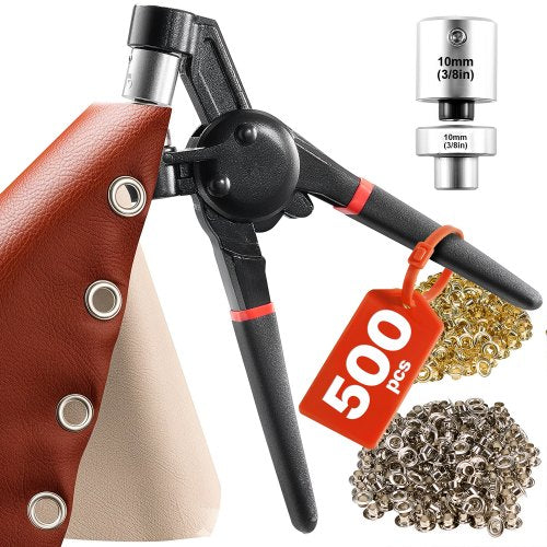 Grommet Tool Kit, 500 PCS 3/8 Inch Metal Eyelets Grommets in Gold and Silver, Eyelet Kit with Manual Grommet Press Pliers, Hole Punch, and Block, for Leather Tarp Shoes Crafts Fabric Belt