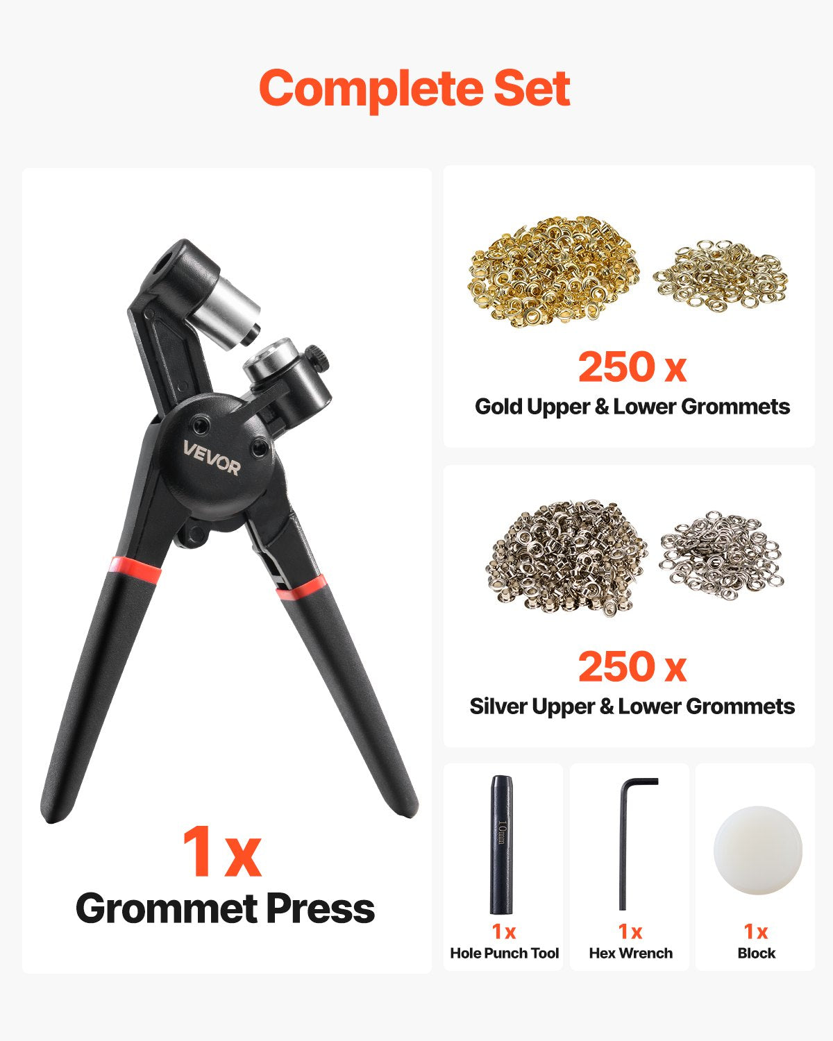 Grommet Tool Kit, 500 PCS 3/8 Inch Metal Eyelets Grommets in Gold and Silver, Eyelet Kit with Manual Grommet Press Pliers, Hole Punch, and Block, for Leather Tarp Shoes Crafts Fabric Belt