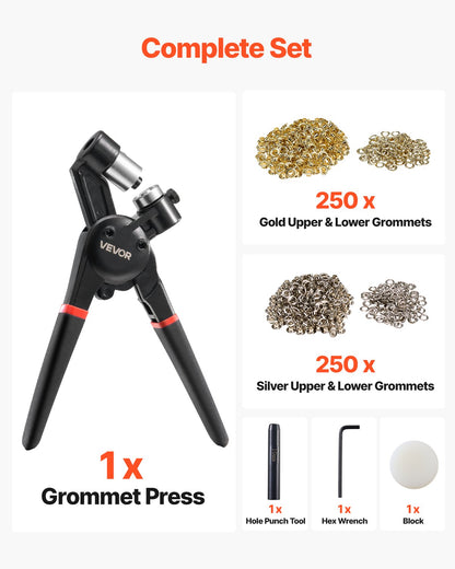 Grommet Tool Kit, 500 PCS 3/8 Inch Metal Eyelets Grommets in Gold and Silver, Eyelet Kit with Manual Grommet Press Pliers, Hole Punch, and Block, for Leather Tarp Shoes Crafts Fabric Belt